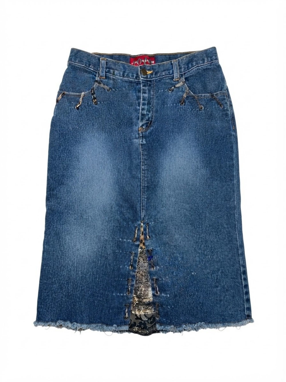 VINTAGE SOLO Y2K Leopard Lace-Up Denim Midi Skirt Size 6 Grunge Frayed Hem